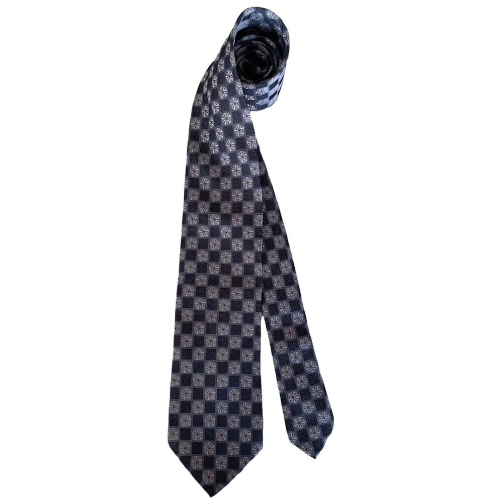 ERMENGILDO ZEGNA Blue Geometric Flower Print Silk Tie Italy 60"/ 3".3/4  EX CON
